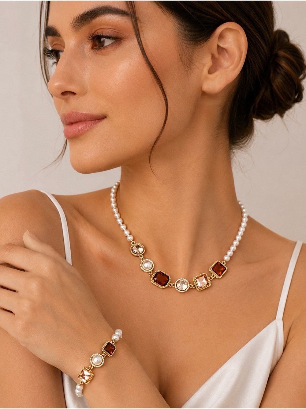 Pearl Necklace with Gold Settings and Garnet-Tone Accents